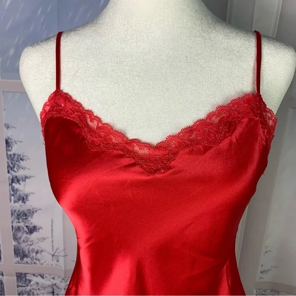 Victoria’s Secret Red Satin Lace Accent Split Babydoll Slip Dress Nightgown - Picture 3 of 14